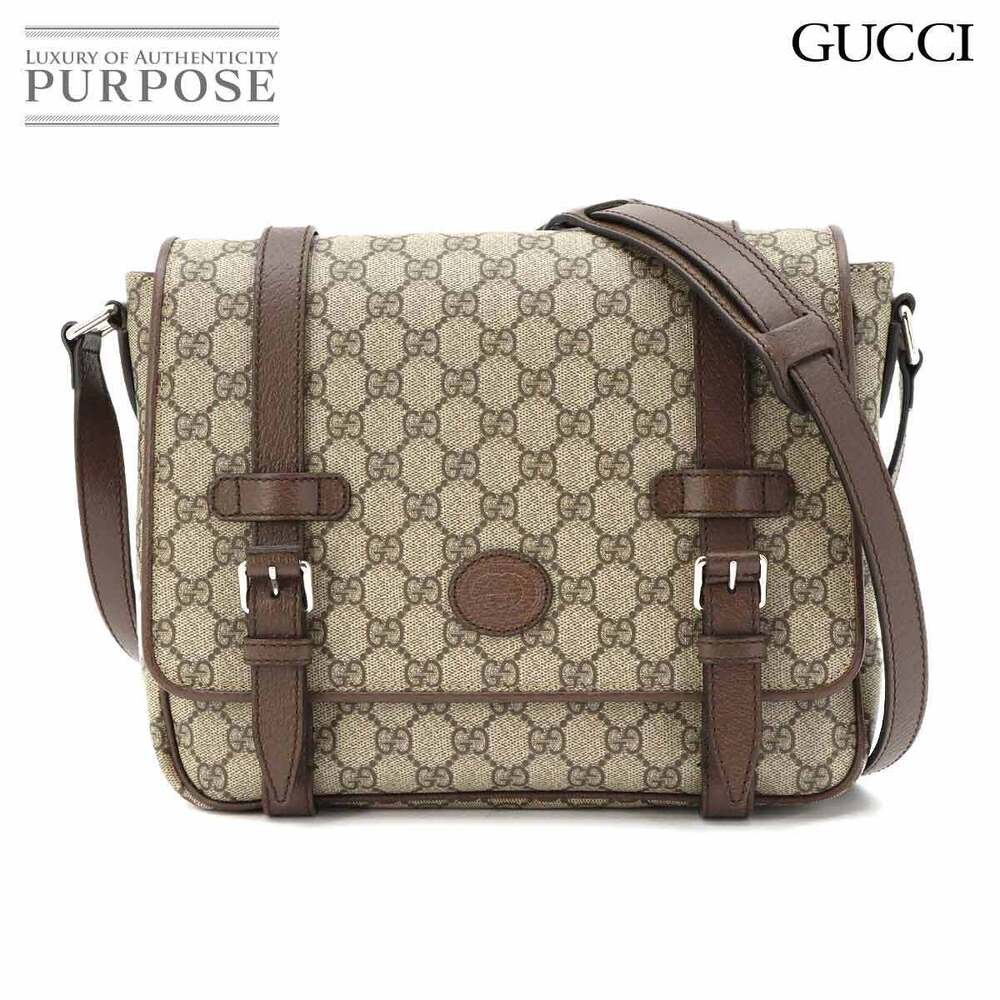 Gucci GG Supreme Messenger Crossbody Bag Leather Beige Brown